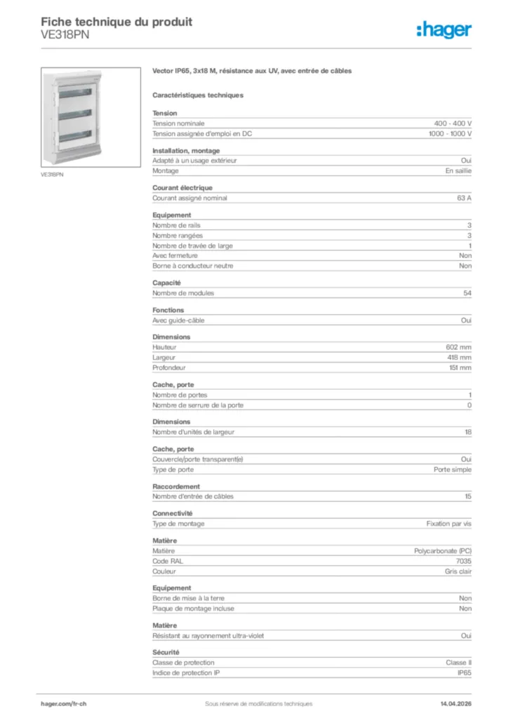 Image Hager Fiche technique du produit VE318PN | Hager Suisse