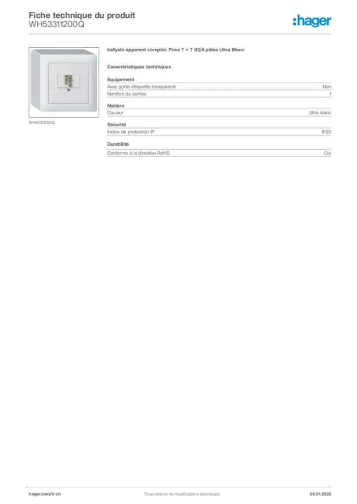 Image Hager Fiche technique du produit WH53311200Q | Hager Suisse