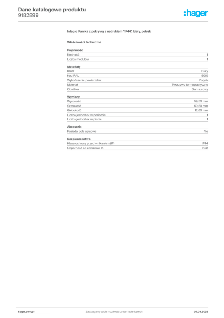 Zdjęcie Hager Dane katalogowe produktu 9182899 | Hager Polska
