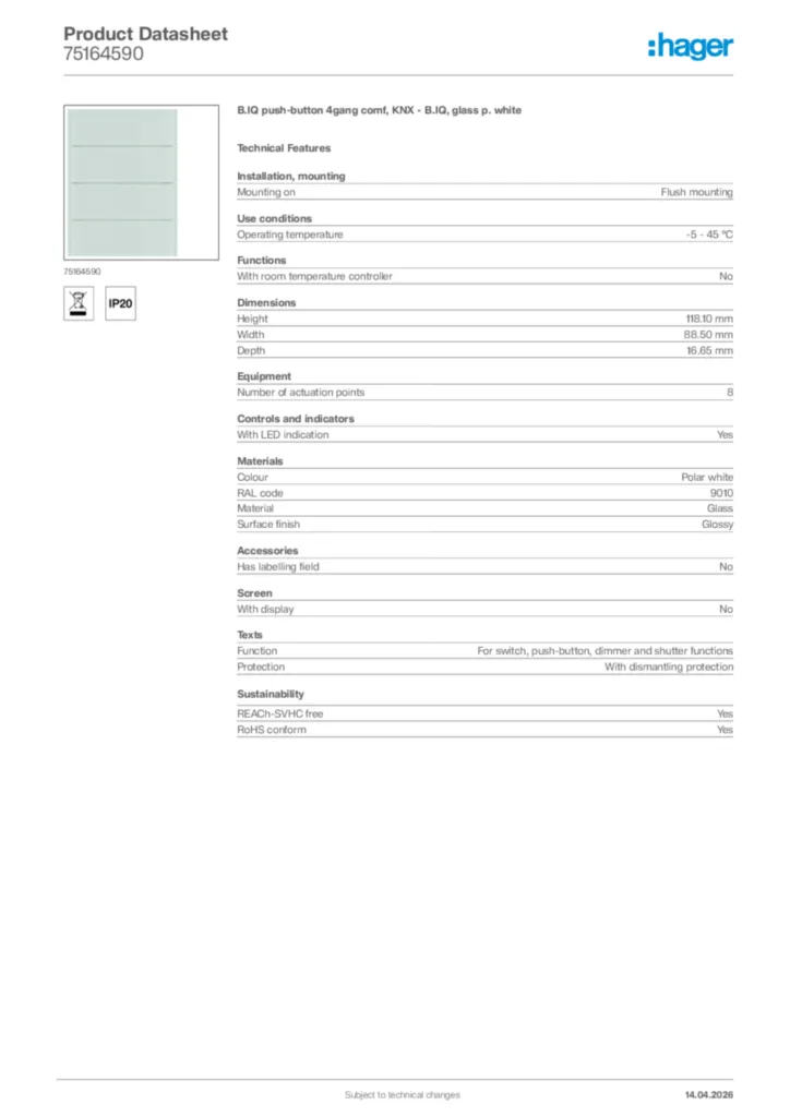 Image Hager Product data sheet 75164590  | Hager Africa