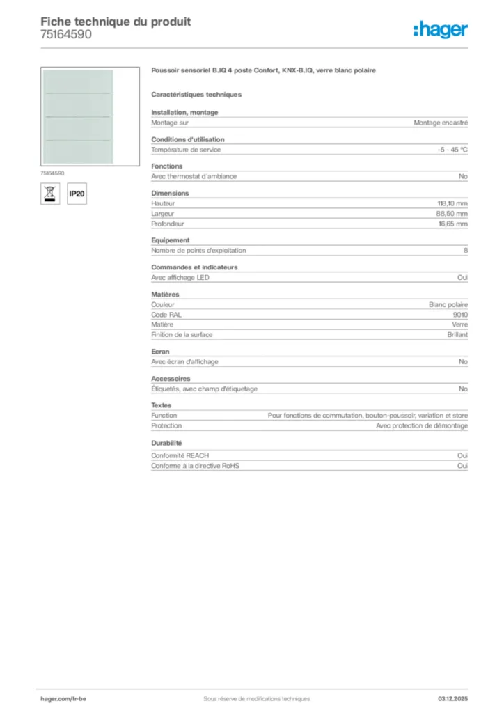 Image Hager Fiche technique du produit 75164590 | Hager Belgique