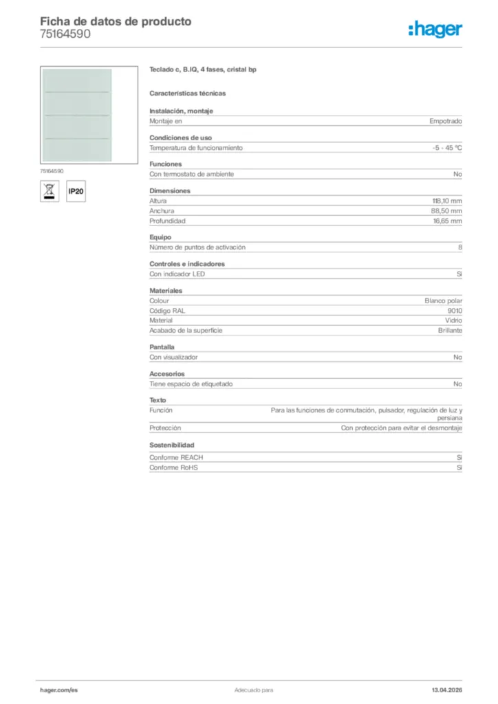 Imagen Hager Ficha de datos de producto 75164590 | Hager España