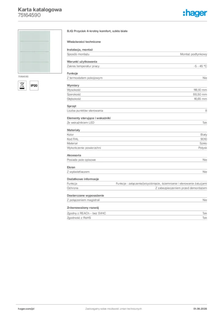 Zdjęcie Hager Karta katalogowa 75164590 | Hager Polska