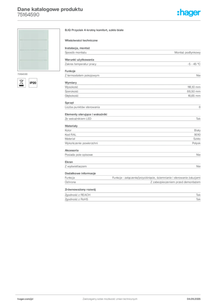 Zdjęcie Hager Dane katalogowe produktu 75164590 | Hager Polska