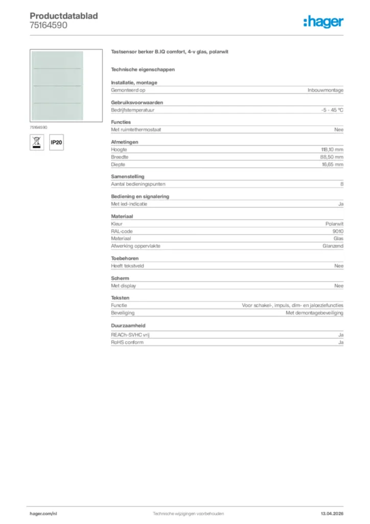 Afbeelding Hager Productdatablad 75164590 | Hager Nederland