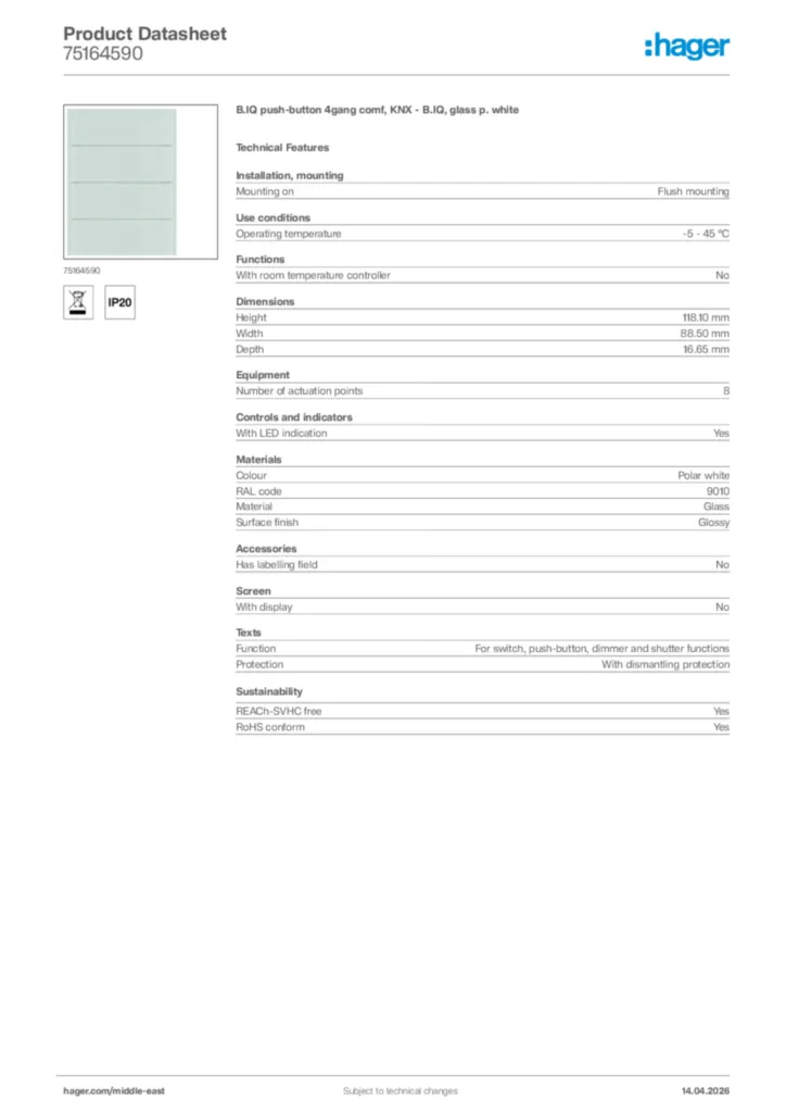 Image Hager Product data sheet 75164590  | Hager