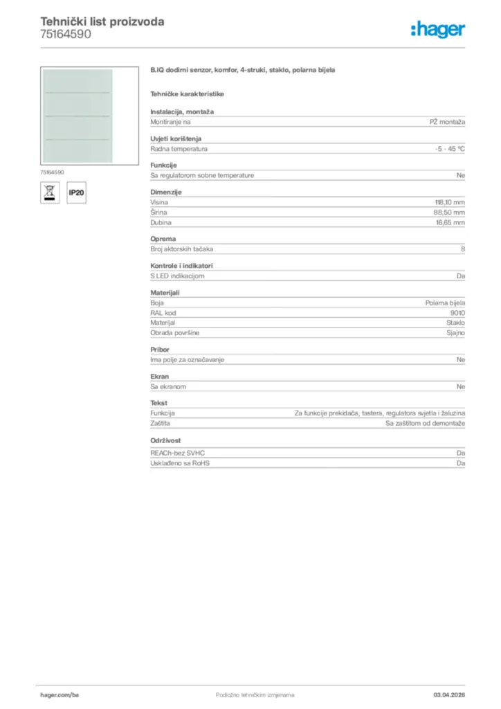 Slika Hager Tehnički list proizvoda 75164590  | Hager