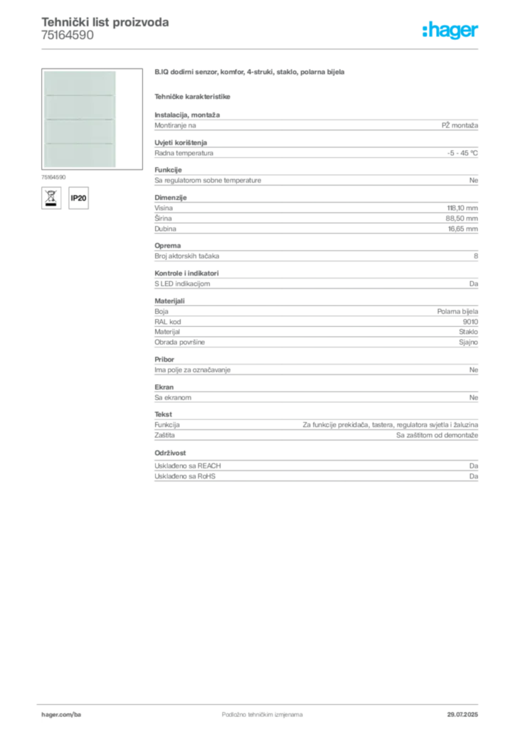 Slika Hager Product data sheet 75164590  | Hager