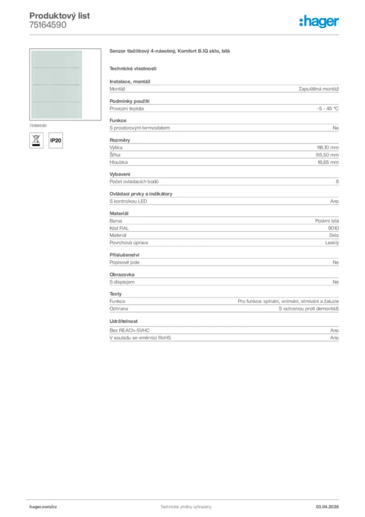 Obrázek Hager Product data sheet 75164590 | Hager