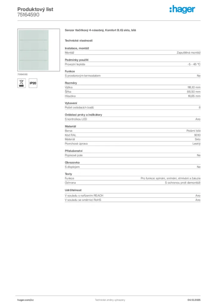 Obrázek Hager Produktový list 75164590 | Hager