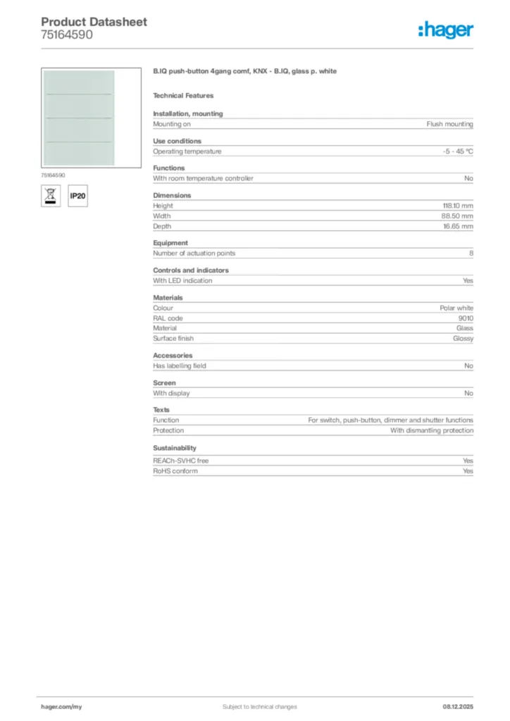 Image Hager Product data sheet 75164590  | Hager