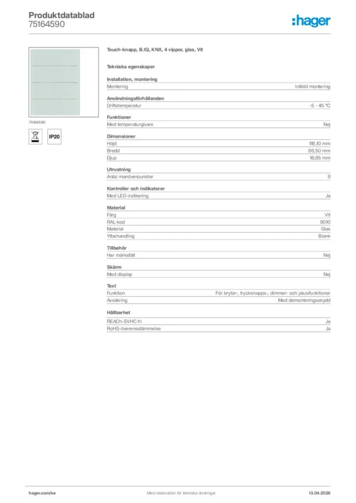 Bild Hager Produktdatablad 75164590 | Hager Sverige