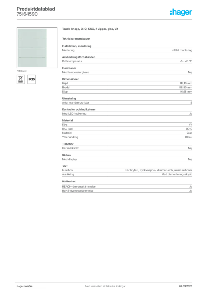 Bild Hager Produktdatablad 75164590 | Hager Sverige
