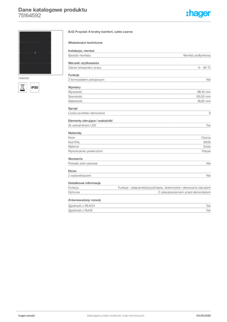 Zdjęcie Hager Dane katalogowe produktu 75164592 | Hager Polska