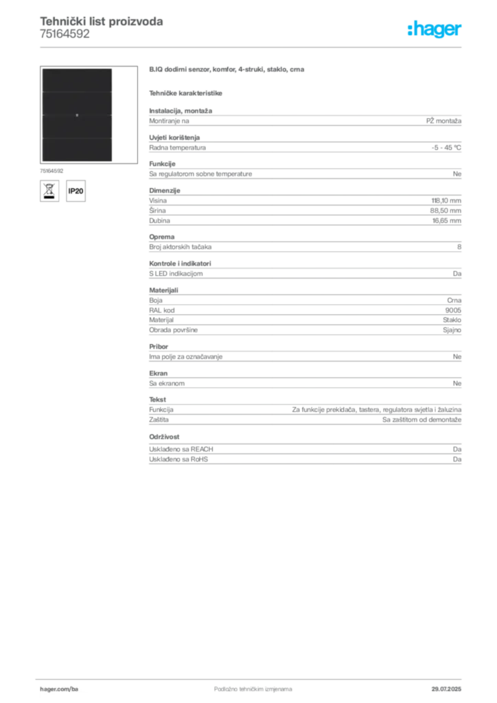 Slika Hager Product data sheet 75164592  | Hager