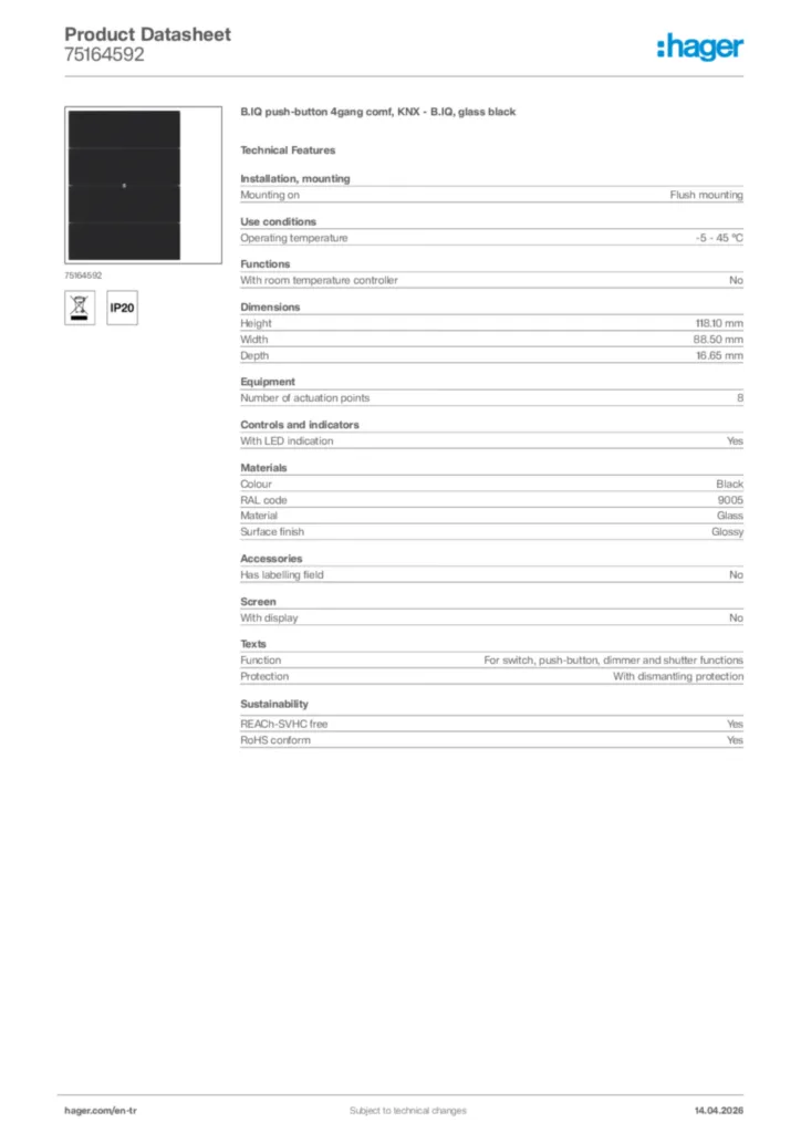 Image Hager Product data sheet 75164592  | Hager