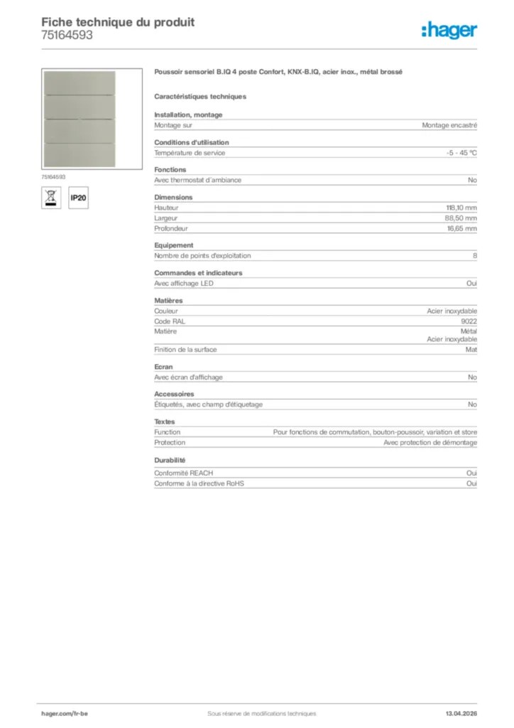 Image Hager Fiche technique du produit 75164593 | Hager Belgique