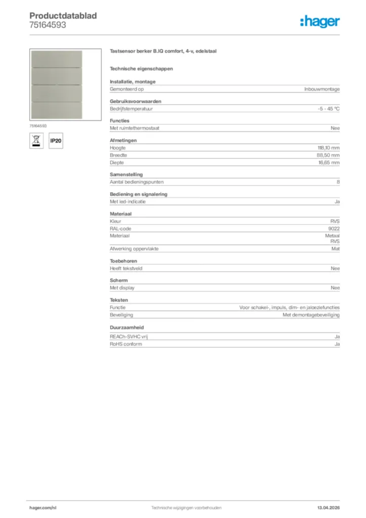 Afbeelding Hager Productdatablad 75164593 | Hager Nederland