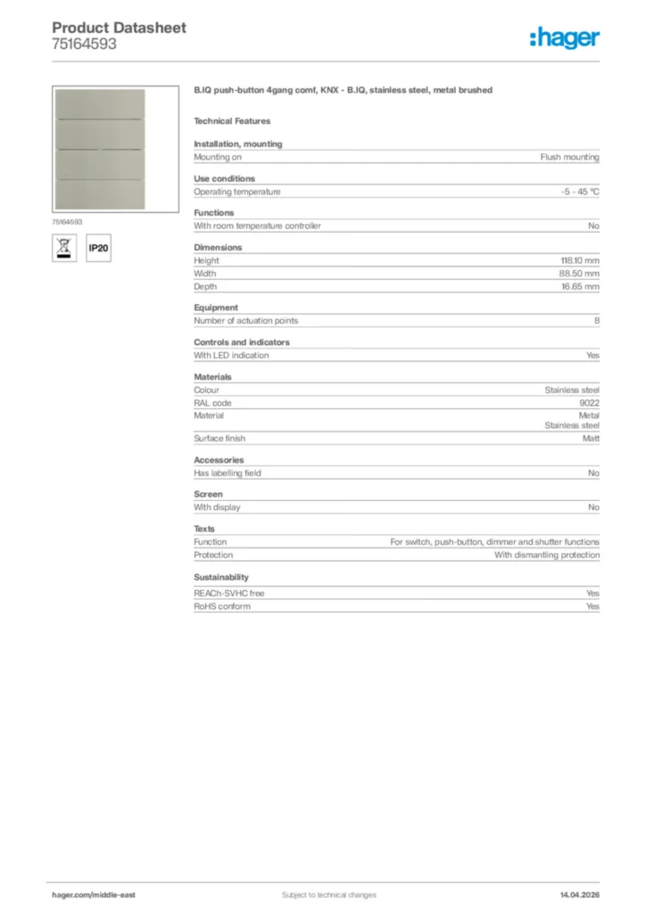 Image Hager Product data sheet 75164593  | Hager