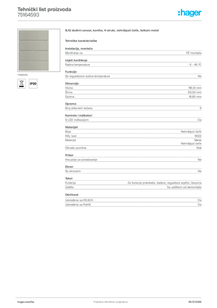 Slika Hager Product data sheet 75164593  | Hager