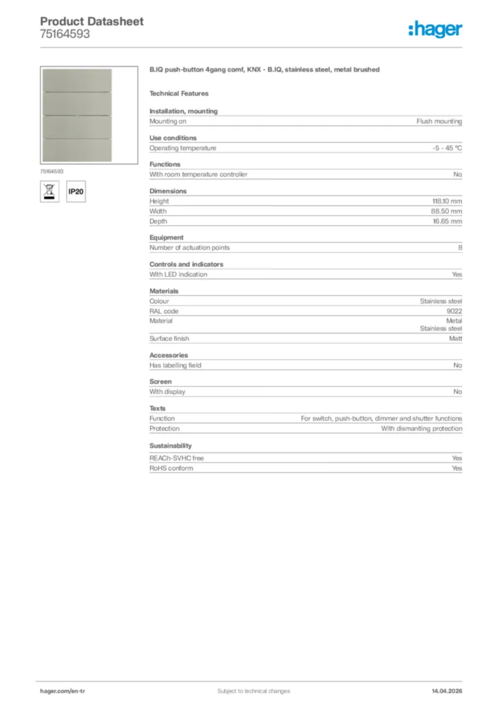Image Hager Product data sheet 75164593  | Hager