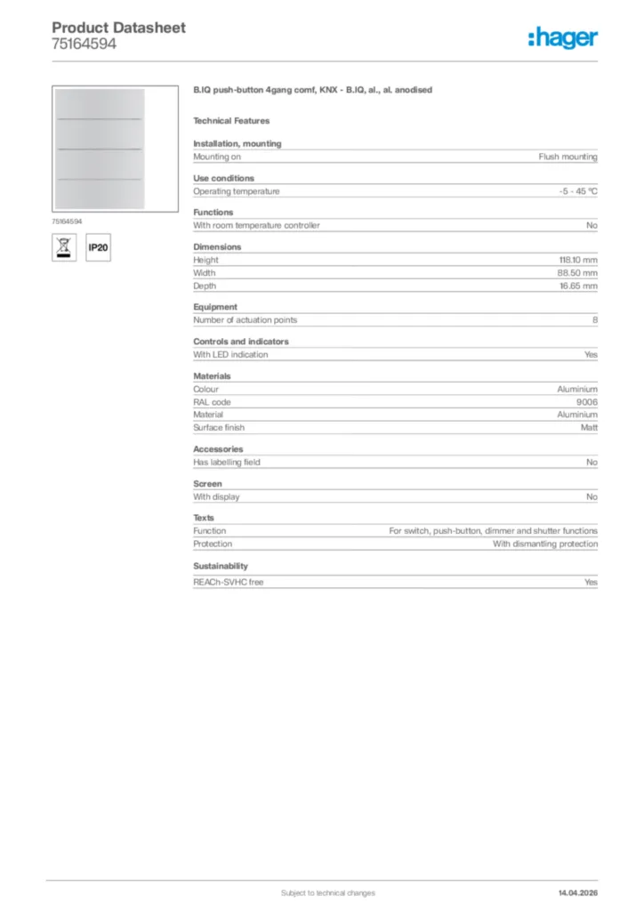 Image Hager Product data sheet 75164594  | Hager Africa