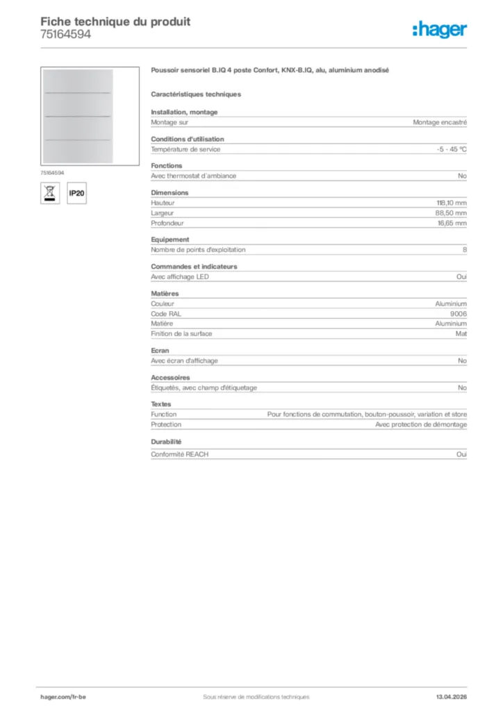 Image Hager Fiche technique du produit 75164594 | Hager Belgique