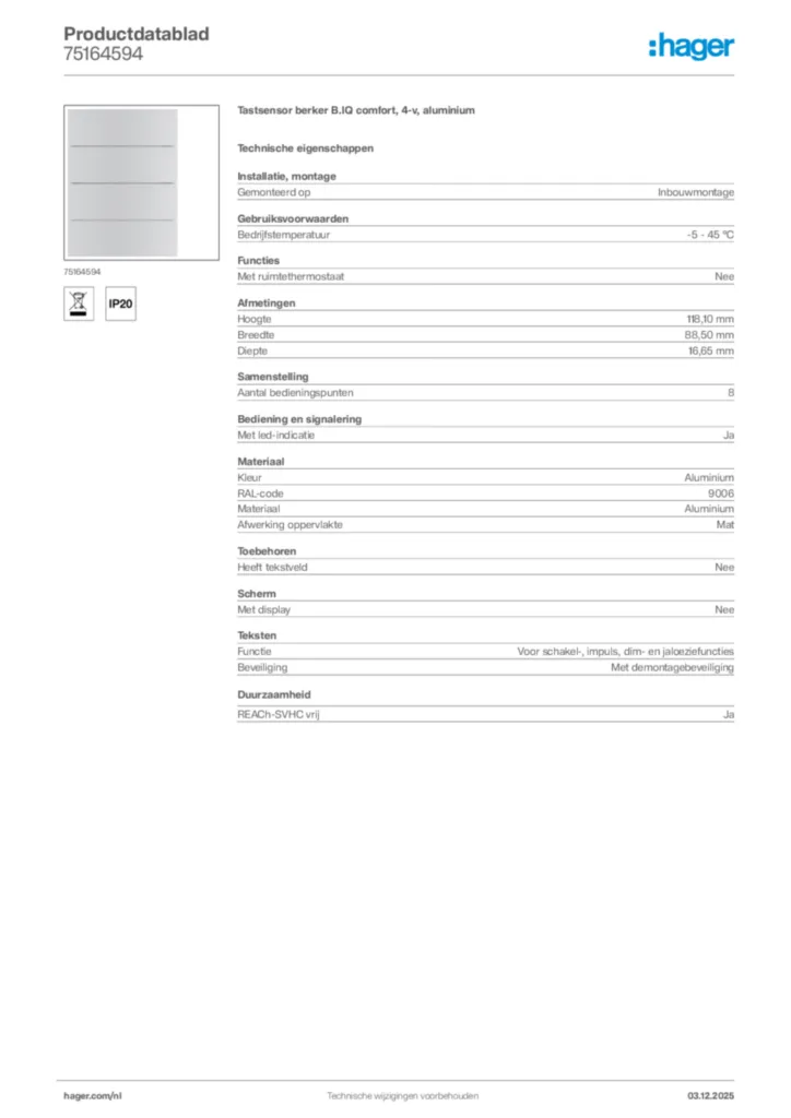 Afbeelding Hager Productdatablad 75164594 | Hager Nederland