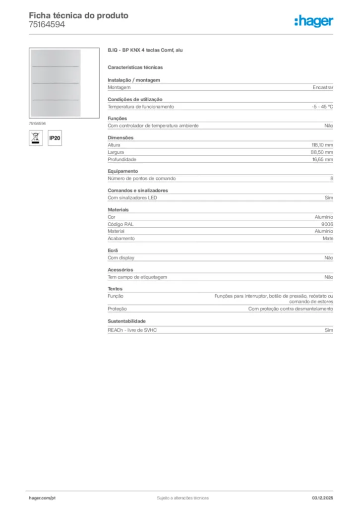 Imagem Hager Ficha técnica do produto 75164594 | Hager Portugal