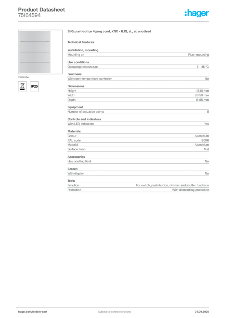 Image Hager Product data sheet 75164594  | Hager