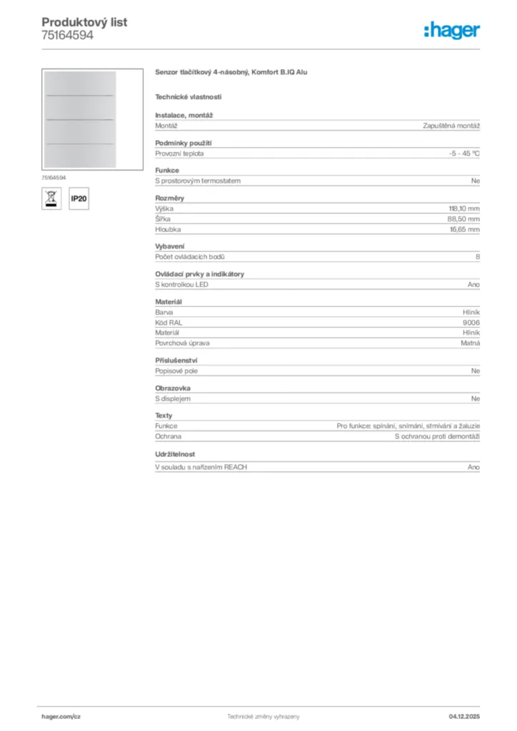 Obrázek Hager Produktový list 75164594 | Hager