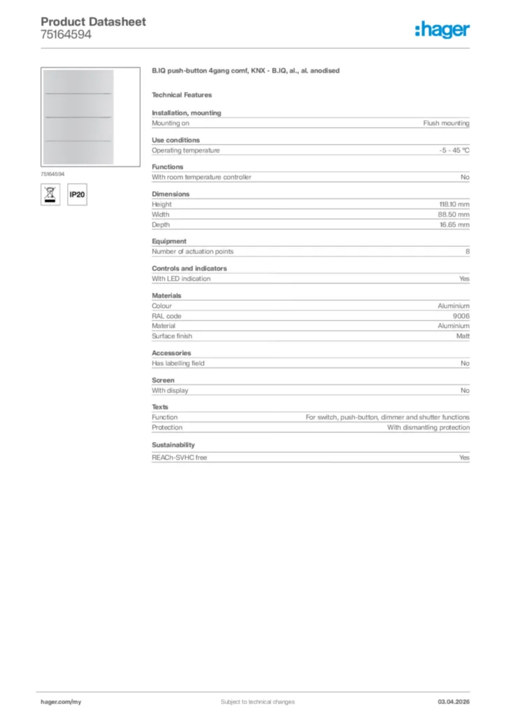 Image Hager Product data sheet 75164594  | Hager