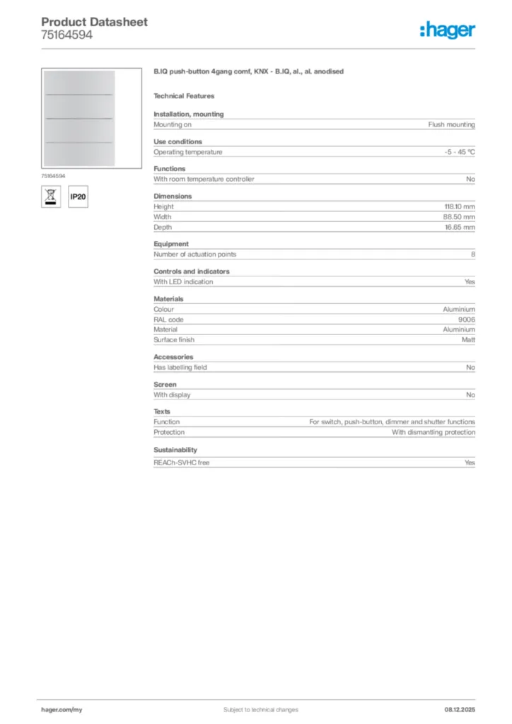 Image Hager Product data sheet 75164594  | Hager