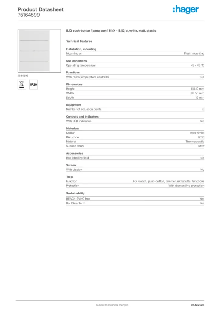 Image Hager Product data sheet 75164599  | Hager Africa