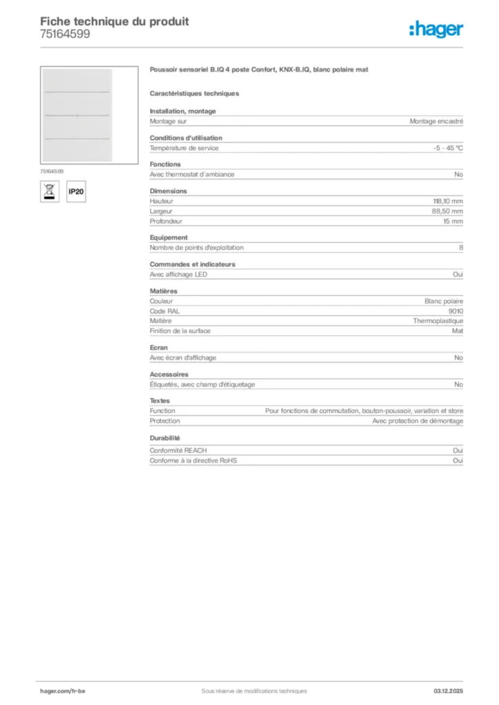 Image Hager Fiche technique du produit 75164599 | Hager Belgique