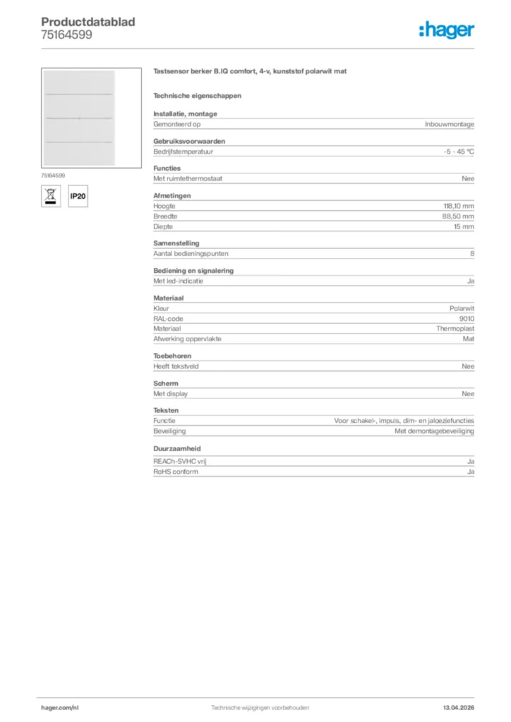 Afbeelding Hager Productdatablad 75164599 | Hager Nederland