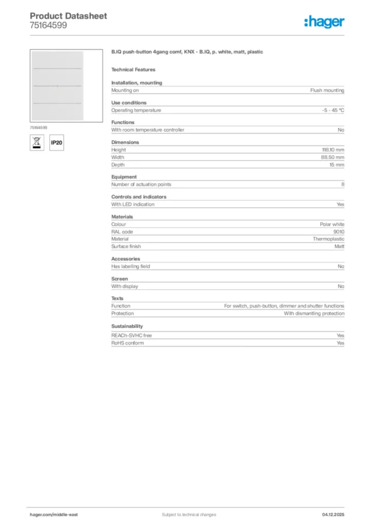 Image Hager Product data sheet 75164599  | Hager