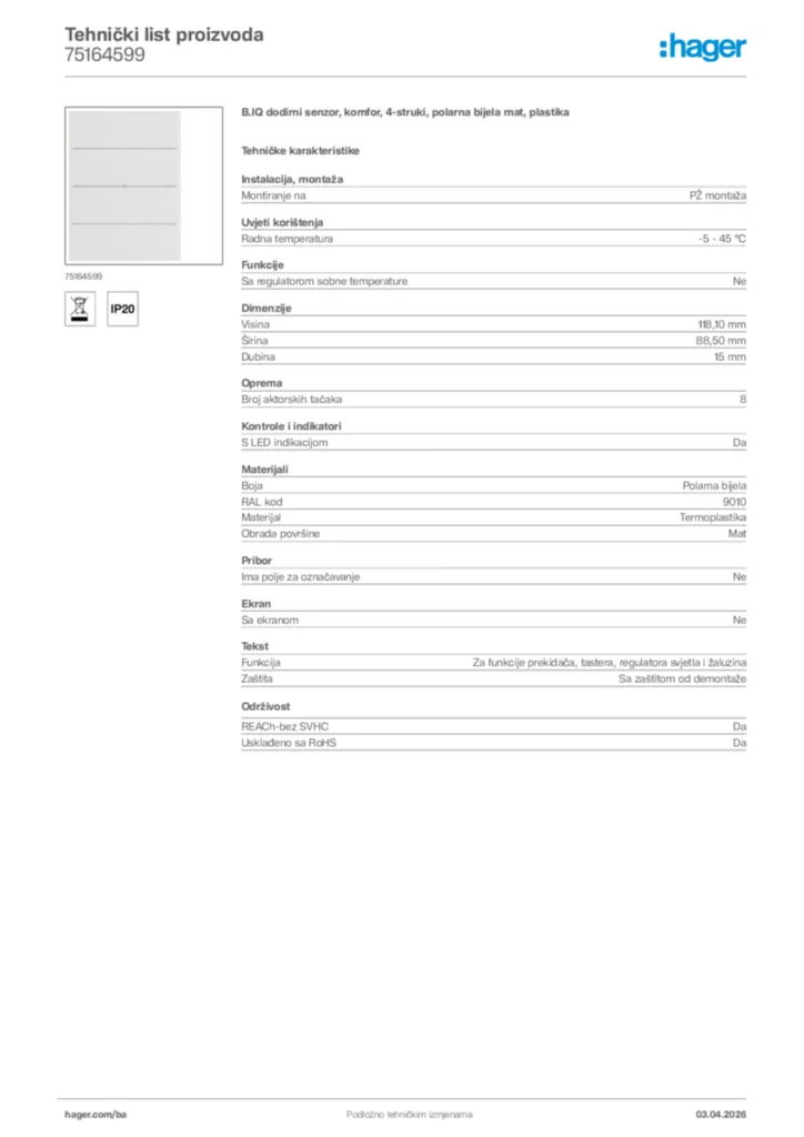 Slika Hager Tehnički list proizvoda 75164599  | Hager