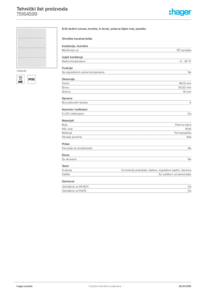 Slika Hager Product data sheet 75164599  | Hager