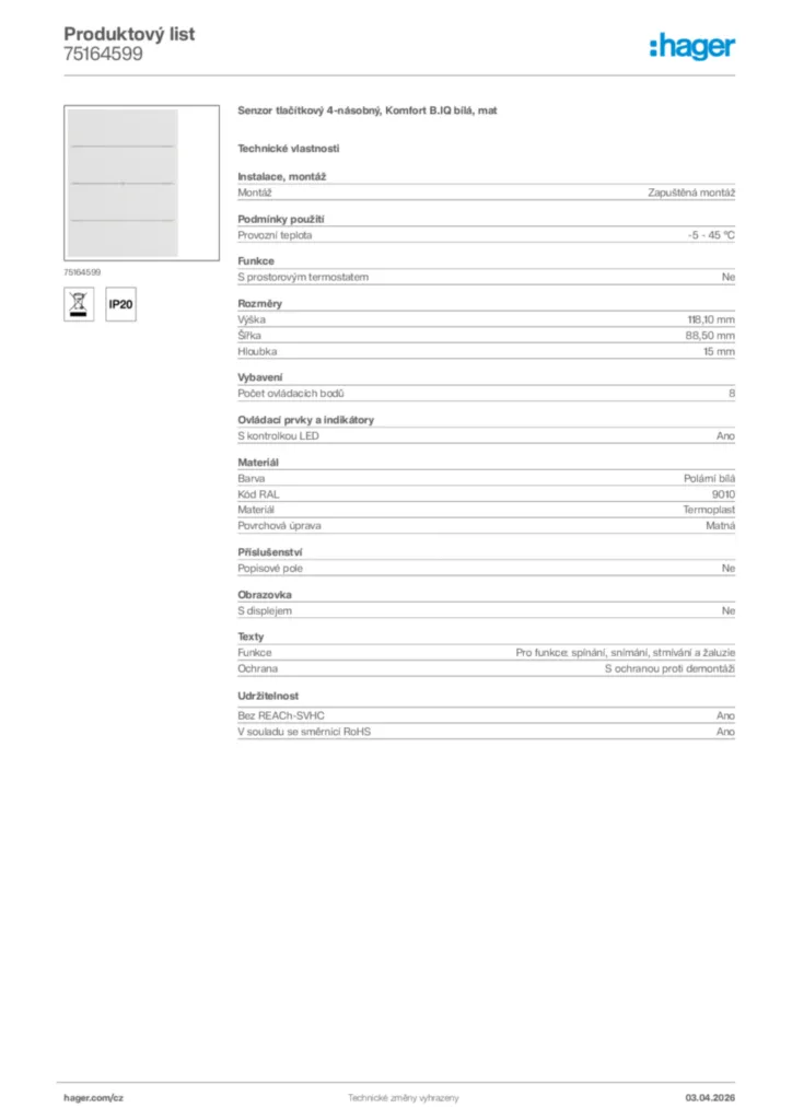 Obrázek Hager Product data sheet 75164599 | Hager