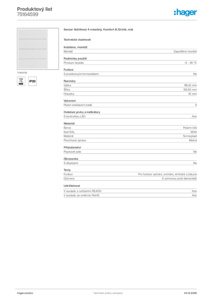 Obrázek Hager Produktový list 75164599 | Hager