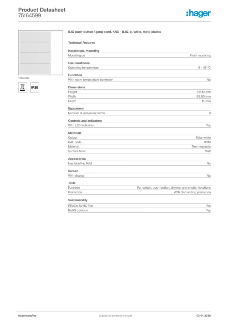 Image Hager Product data sheet 75164599  | Hager