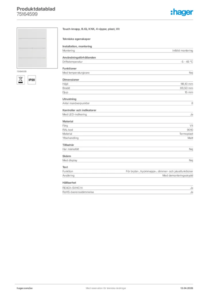 Bild Hager Produktdatablad 75164599 | Hager Sverige