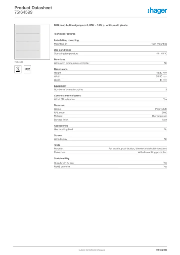 Image Hager Product data sheet 75164599  | Hager