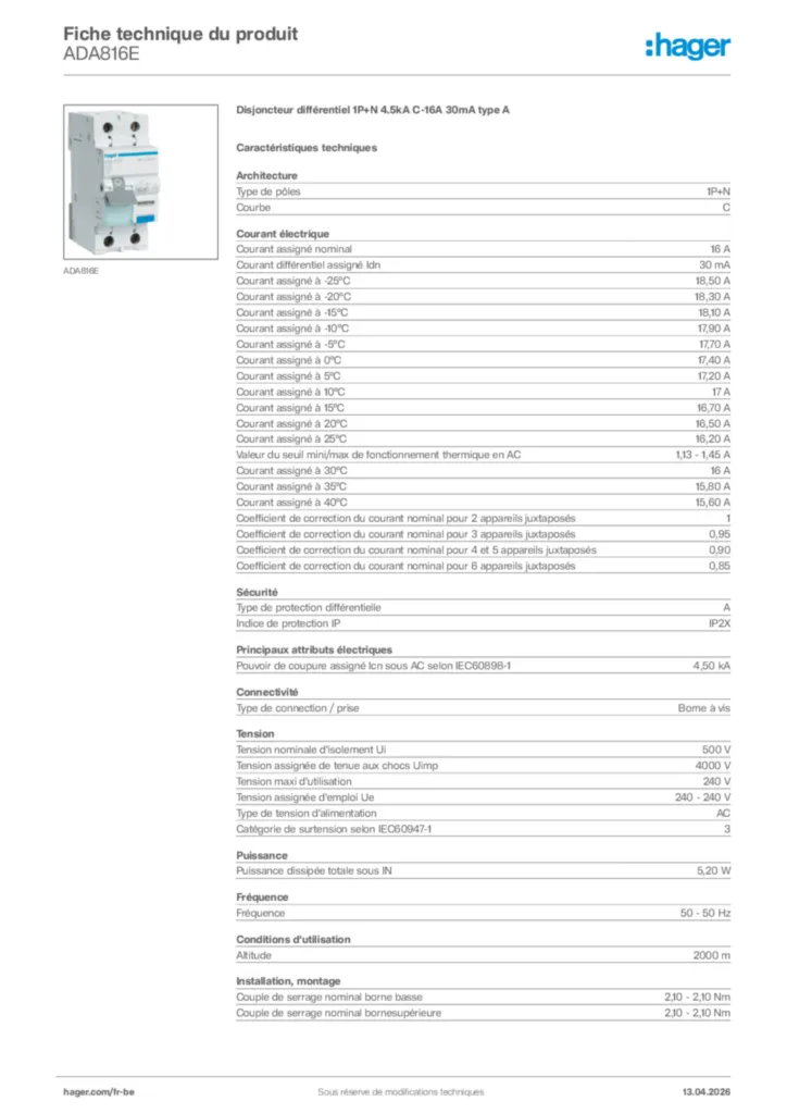 Image Hager Fiche technique du produit ADA816E | Hager Belgique