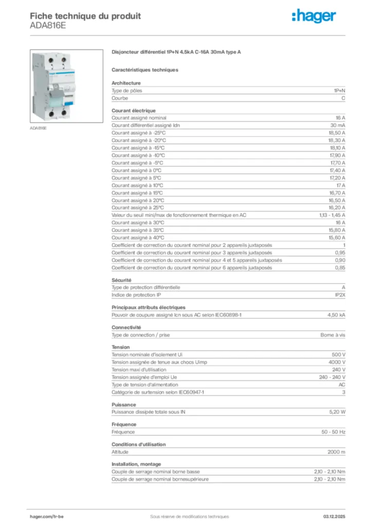 Image Hager Fiche technique du produit ADA816E | Hager Belgique