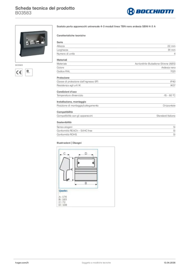 Immagine Bocchiotti Scheda tecnica del prodotto B03583 | Hager Italia