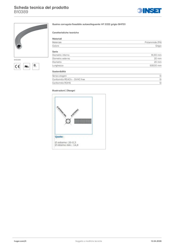 Immagine Inset Scheda tecnica del prodotto B10389 | Hager Italia