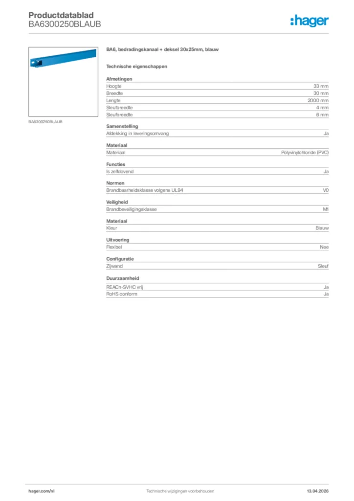 Afbeelding Hager Productdatablad BA6300250BLAUB | Hager Nederland