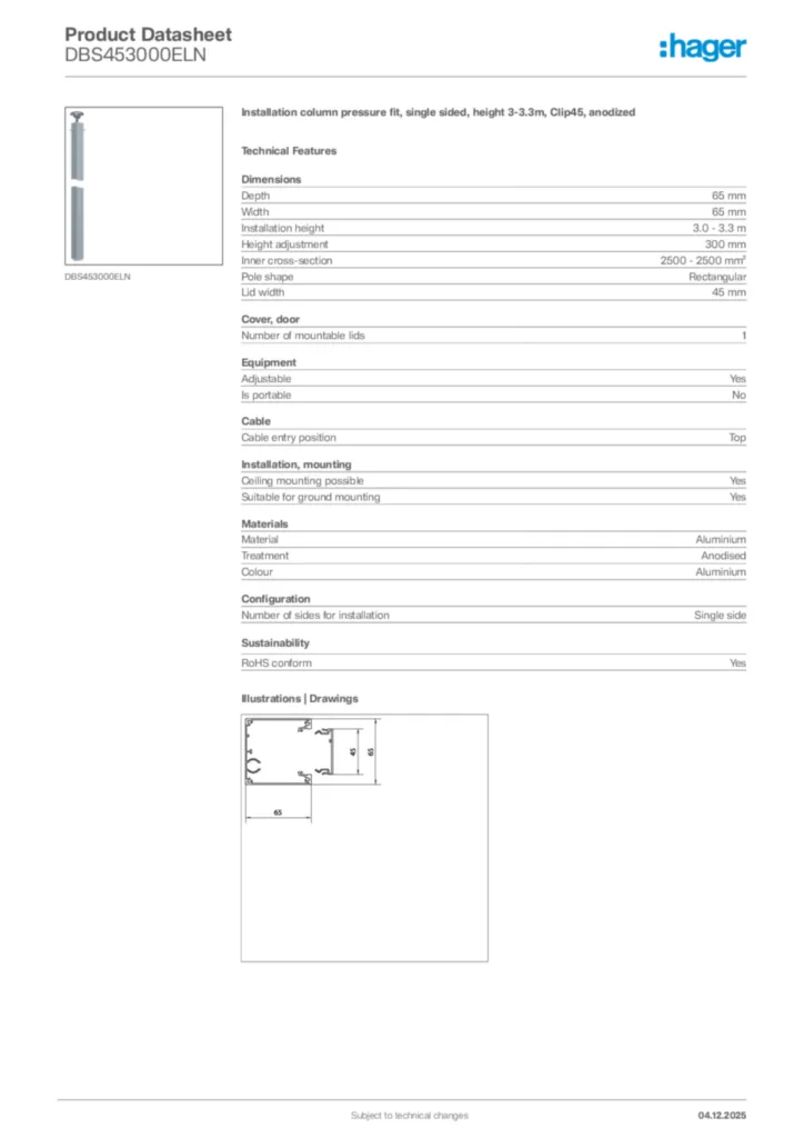 Image Hager Product data sheet DBS453000ELN  | Hager Africa